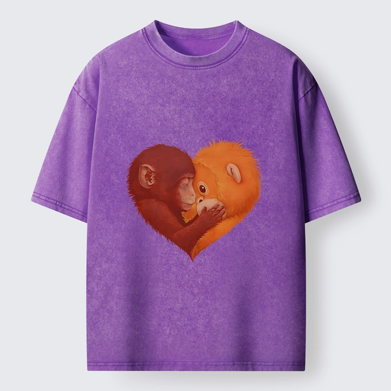 Tokyo-Tiger Monkey Love in a Heart Washed T-Shirt