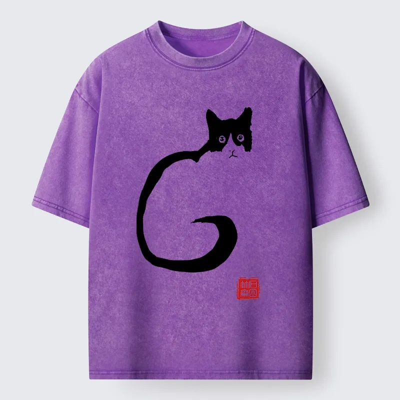 Tokyo-Tiger Calm Cat in Simple Lines Washed T-Shirt
