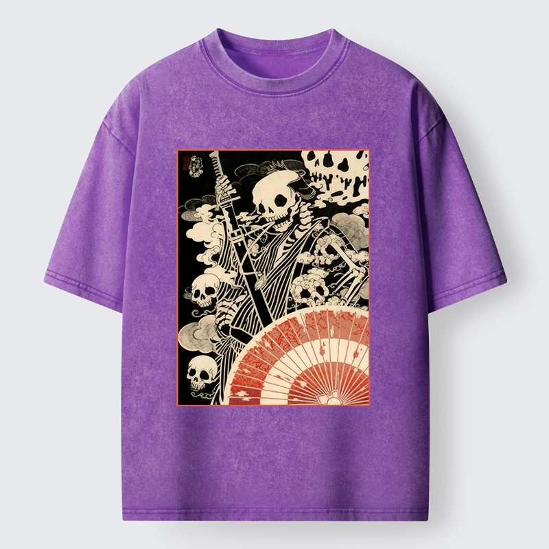 Tokyo-Tiger Dark Samurai Skeleton Art Washed T-Shirt