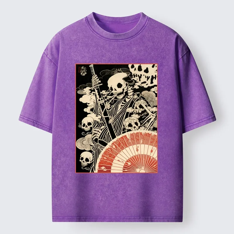 Tokyo-Tiger Dark Samurai Skeleton Art Washed T-Shirt