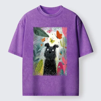Tokyo-Tiger Black Dog Among Colorful Butterflies Washed T-Shirt