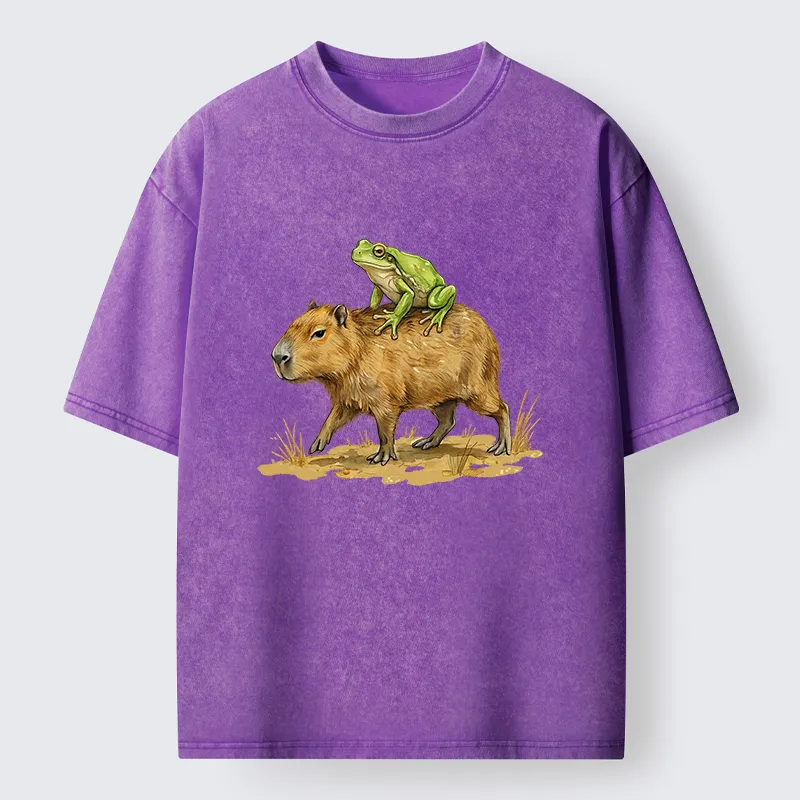 Tokyo-Tiger Frog Riding A Capybara Washed T-Shirt
