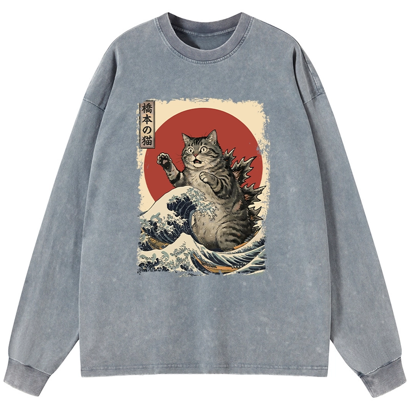 Tokyo-Tiger Catzilla Is Causing Destruction Washed Long Sleeve T-Shirt