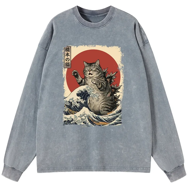 Tokyo-Tiger Catzilla Is Causing Destruction Washed Long Sleeve T-Shirt