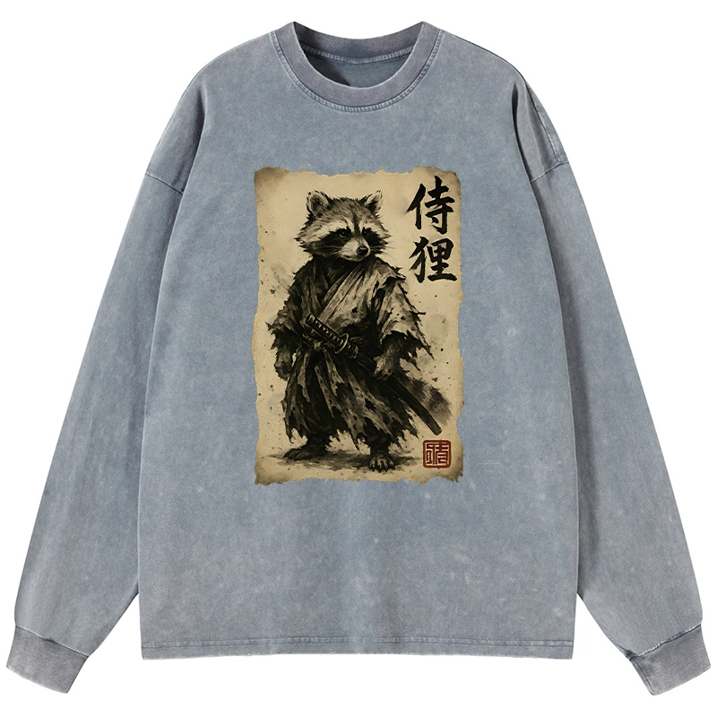 Tokyo-Tiger Retro Raccoon Samurai Washed Long Sleeve T-Shirt