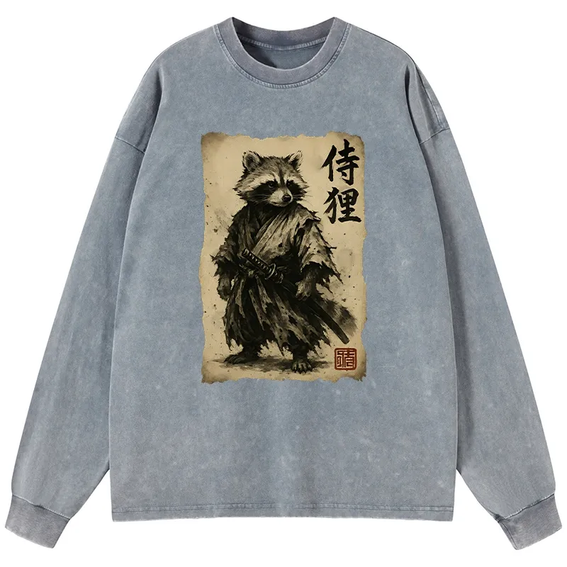 Tokyo-Tiger Retro Raccoon Samurai Washed Long Sleeve T-Shirt