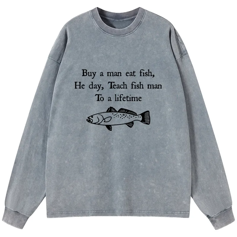 Tokyo-Tiger Man Eat Fish Meme Washed Long Sleeve T-Shirt Sale