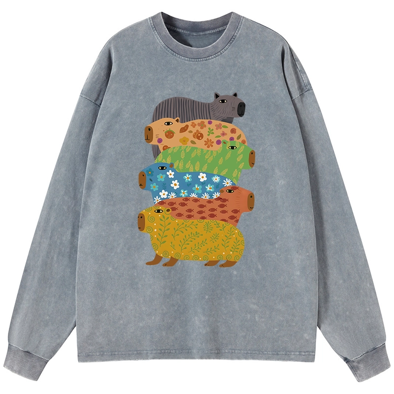 Tokyo-Tiger Colorful Capybaras Washed Long Sleeve T-Shirt