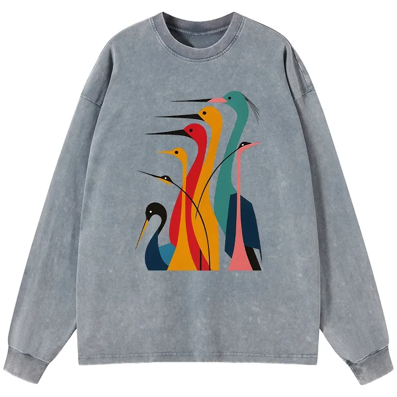 Tokyo-Tiger Various Types Of Cranes Washed Long Sleeve T-Shirt Sale