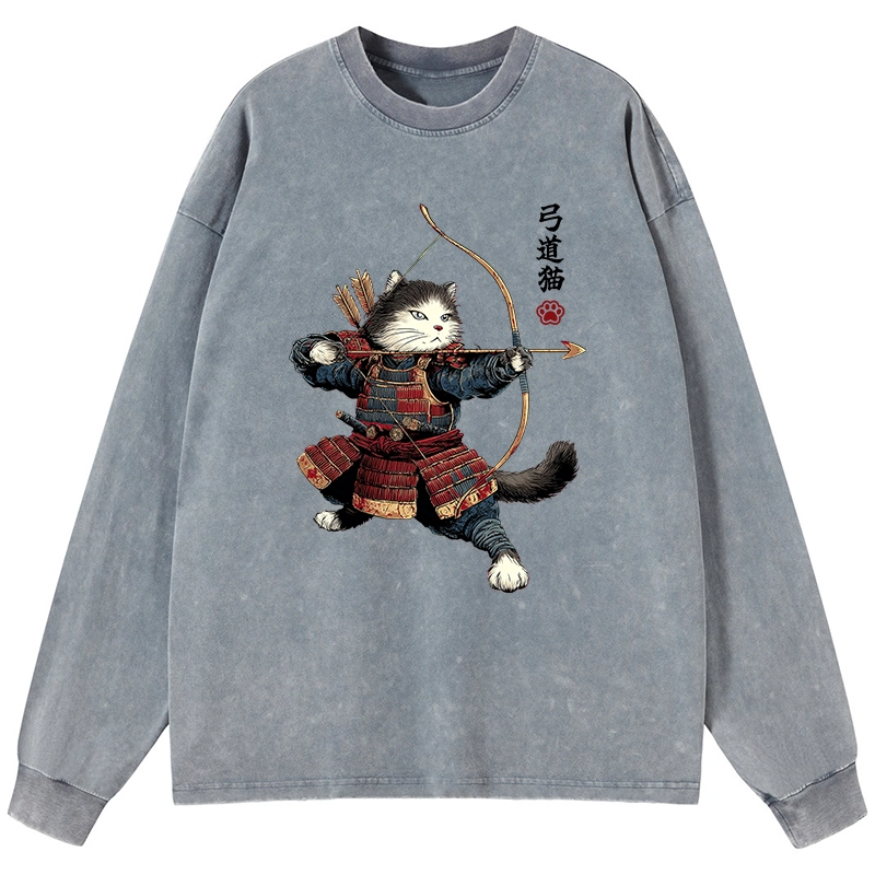 Tokyo-Tiger Kyudo Samurai Cat Washed Long Sleeve T-Shirt