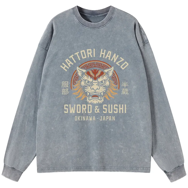 Tokyo-Tiger Hattori Lion Japanese Samurai Washed Long Sleeve T-Shirt