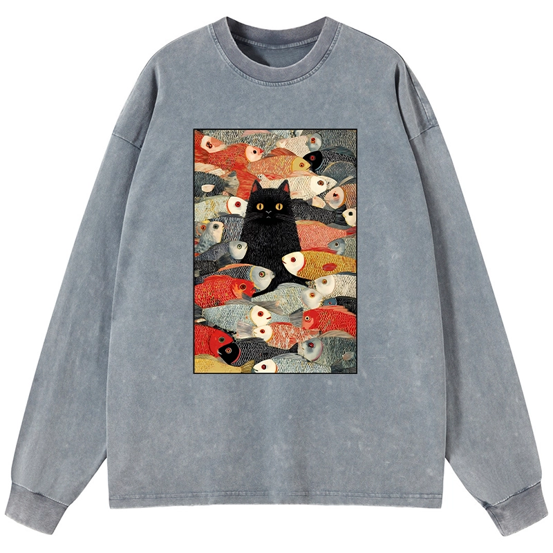 Tokyo-Tiger Cats And Fish Washed Long Sleeve T-Shirt