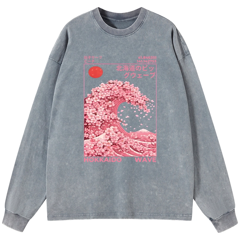 Tokyo-Tiger Sakura Wave Washed Long Sleeve T-Shirt