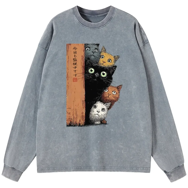 Tokyo-Tiger Five Cats Are Watching You Washed Long Sleeve T-Shirt Sale