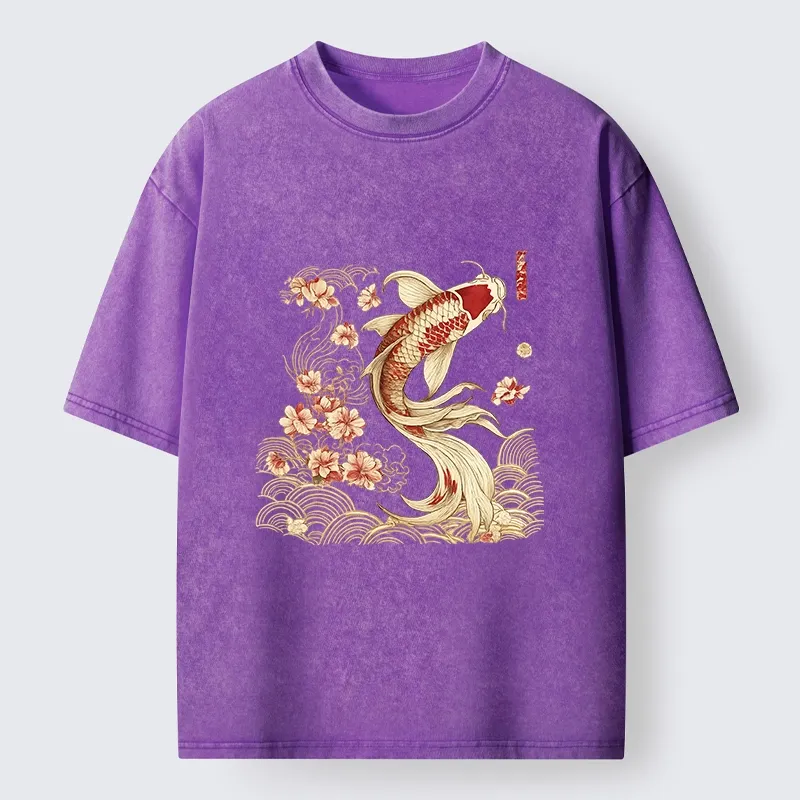 Tokyo-Tiger Golden Koi and Blossoms Washed T-Shirt