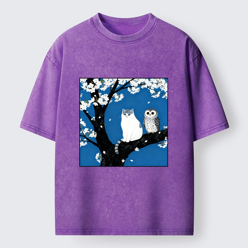 Tokyo-Tiger Cat and Owl Under Sakura Washed T-Shirt