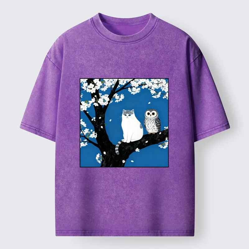 Tokyo-Tiger Cat and Owl Under Sakura Washed T-Shirt