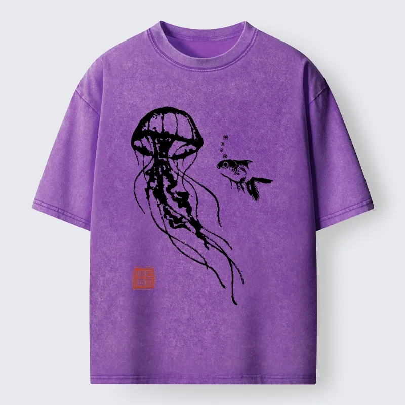 Tokyo-Tiger Ink Wash Jellyfish and Fish Washed T-Shirt Sale