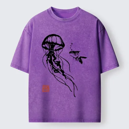 Tokyo-Tiger Ink Wash Jellyfish and Fish Washed T-Shirt