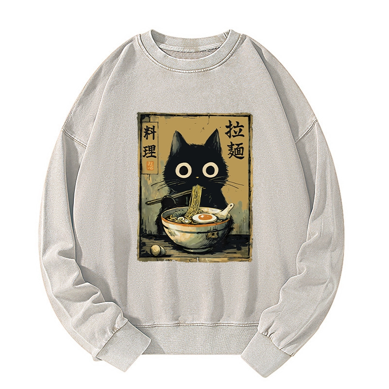 Tokyo-Tiger Cute Black Cat Eating Ramen Japan Washed Sweatshirt
