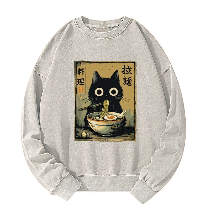 Tokyo-Tiger Cute Black Cat Eating Ramen Japan Washed Sweatshirt