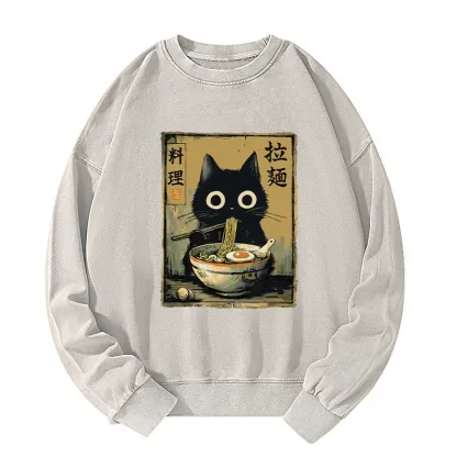 Tokyo-Tiger Cute Black Cat Eating Ramen Japan Washed Sweatshirt