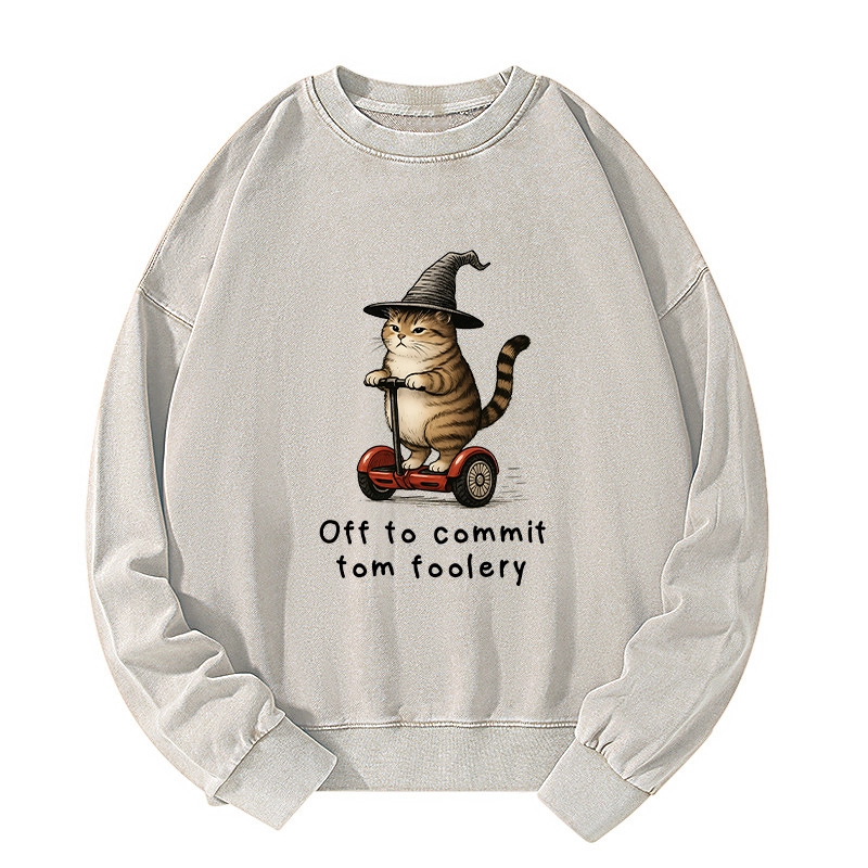 Tokyo-Tiger Orange Cat Riding Segway-style Washed Sweatshirt