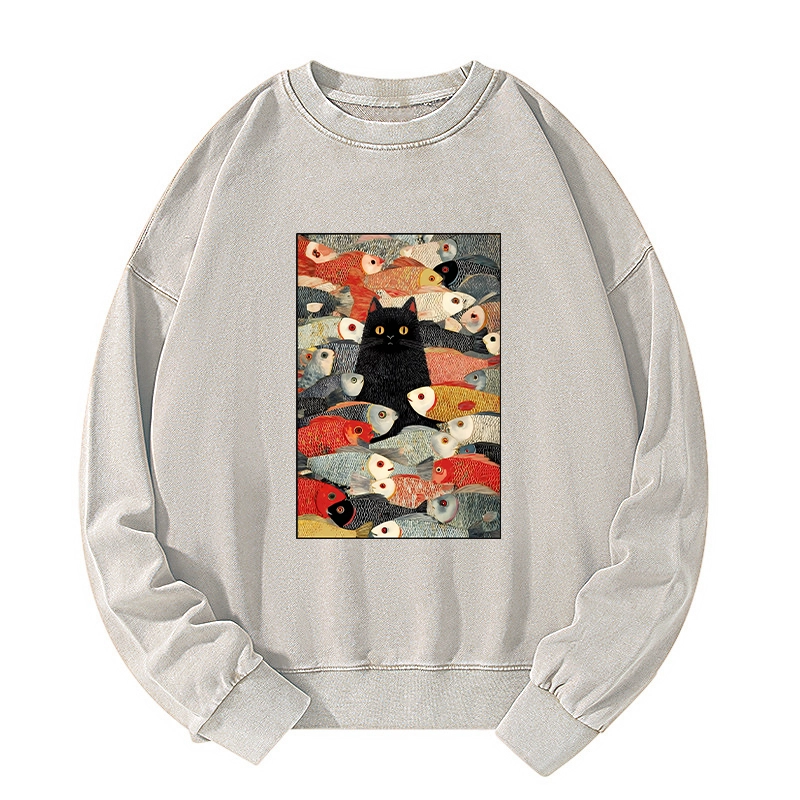 Tokyo-Tiger Cats And Fish Washed Sweatshirt