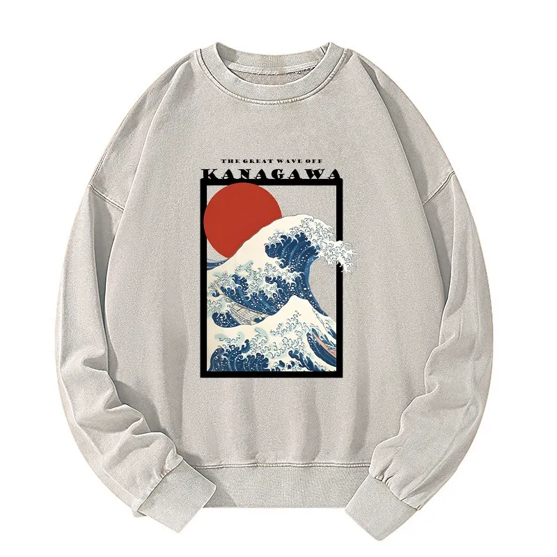 Tokyo-Tiger Minimalist Ukiyo-e Waves Washed Sweatshirt Sale
