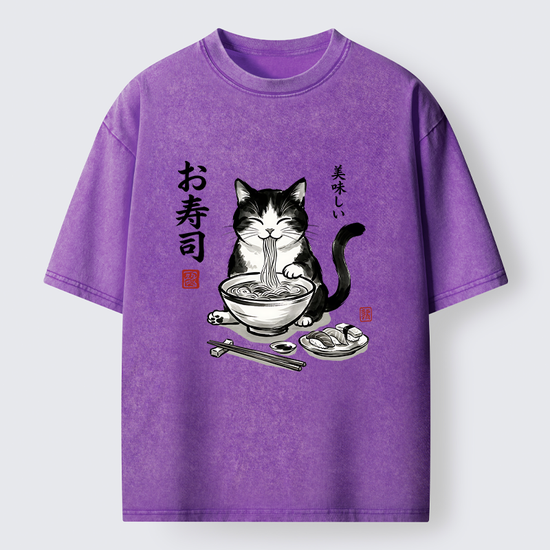 Tokyo-Tiger Cats Eat Japanese Food Washed T-Shirt