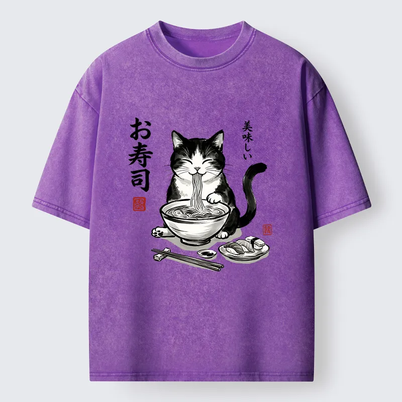Tokyo-Tiger Cats Eat Japanese Food Washed T-Shirt