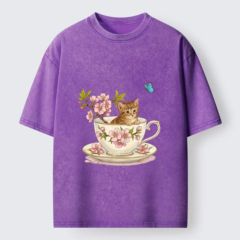 Tokyo-Tiger Cherry Blossom Teacup Kitten Washed T-Shirt