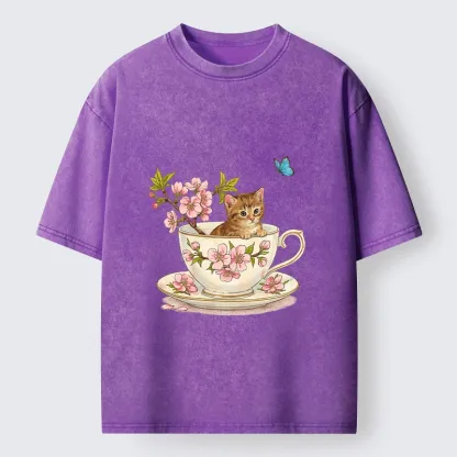 Tokyo-Tiger Cherry Blossom Teacup Kitten Washed T-Shirt