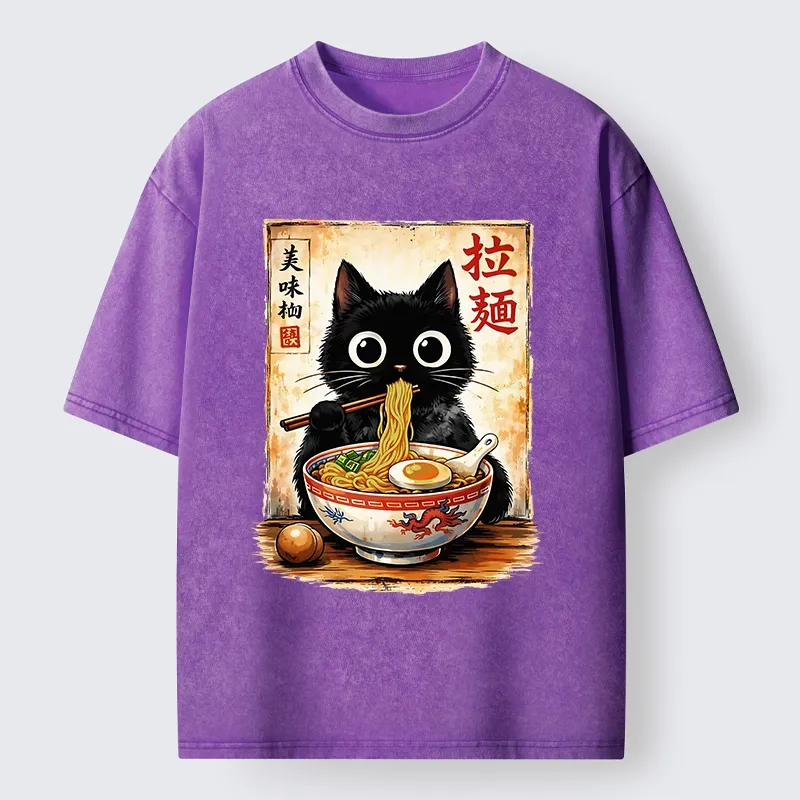 Tokyo-Tiger Cute Cat Slurping Ramen Washed T-Shirt