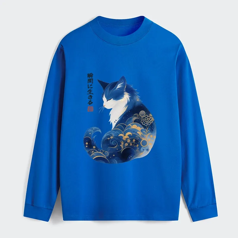 Tokyo-Tiger Retro Zen Cat: Living the Present Classic Long Sleeve T-Shirt