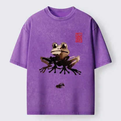 Tokyo-Tiger Ink Wash Frog And Its Tiny Prey Washed T-Shirt