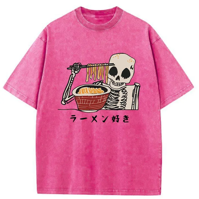 Tokyo-Tiger Skeleton Eating Ramen Washed T-Shirt