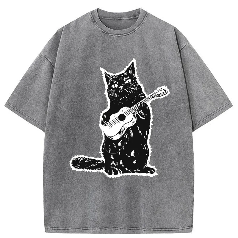 Tokyo-Tiger Cat Playing Guitar Washed T-Shirt