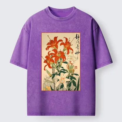 Tokyo-Tiger Vibrant Red And White Lilies Washed T-Shirt