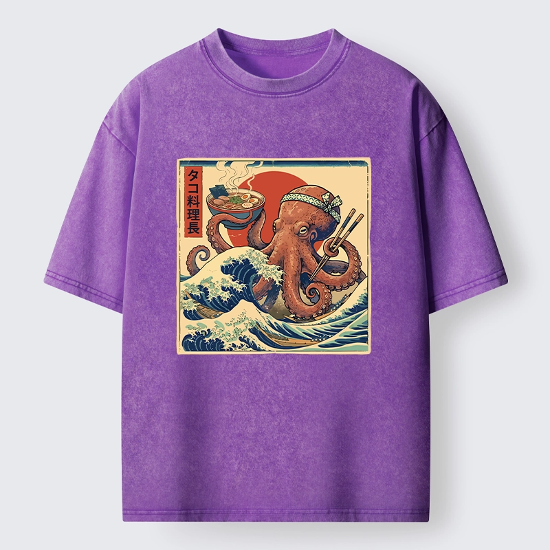 Tokyo-Tiger Ukiyo-E Octopus Ramen Master Washed T-Shirt