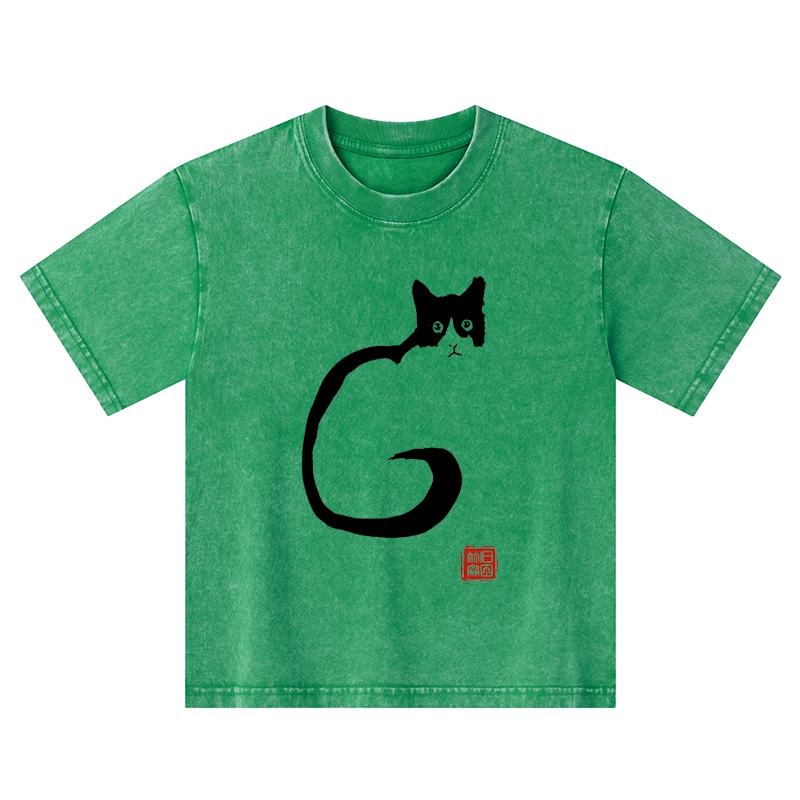 Tokyo-Tiger Calm Cat In Simple Lines Kids Washed T-Shirt