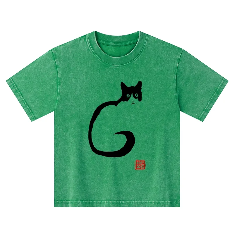 Tokyo-Tiger Calm Cat In Simple Lines Kids Washed T-Shirt