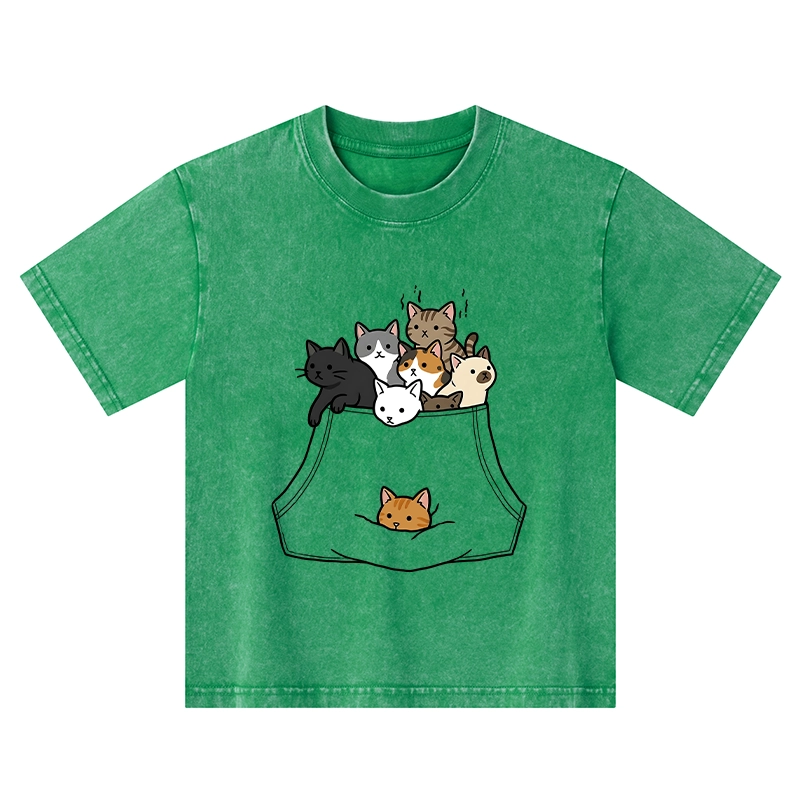 Tokyo-Tiger Cats With Pockets Full Kids Washed T-Shirt