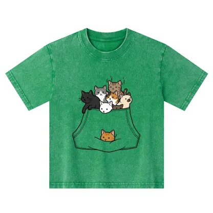 Tokyo-Tiger Cats With Pockets Full Kids Washed T-Shirt