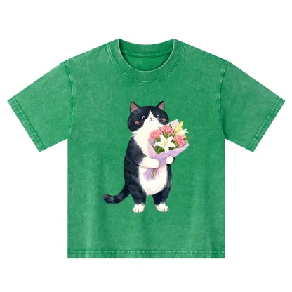 Tokyo-Tiger Sweet Cat Delivers Flowers Kids Washed T-Shirt
