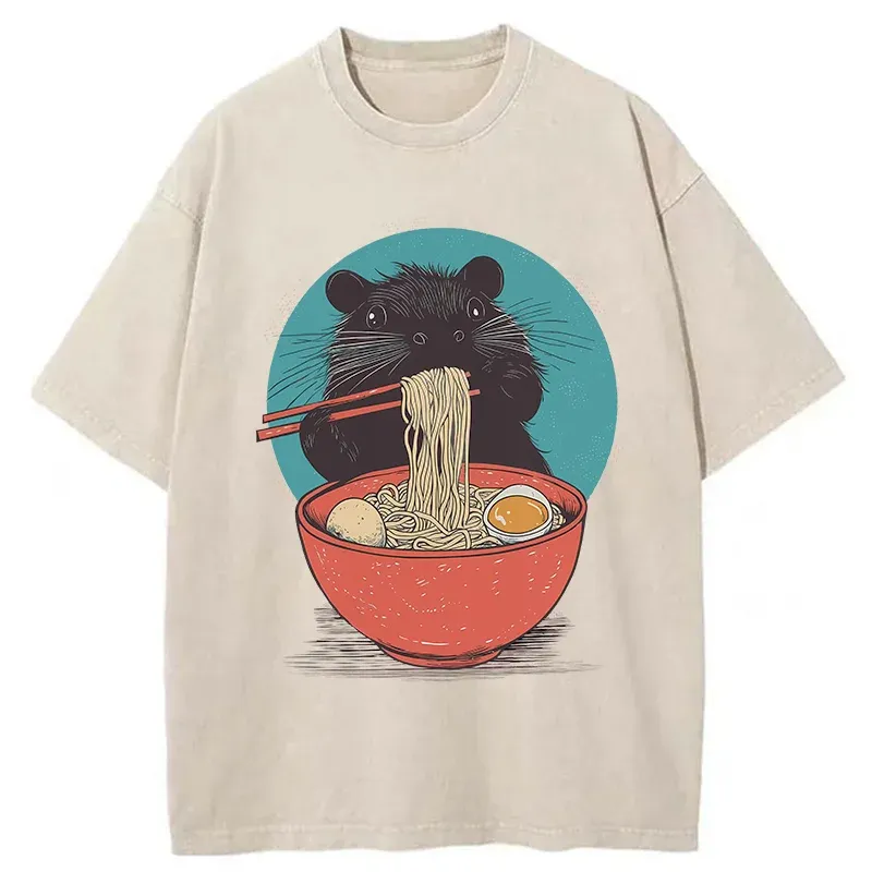Tokyo-Tiger Hamster Eating Ramen Washed T-Shirt