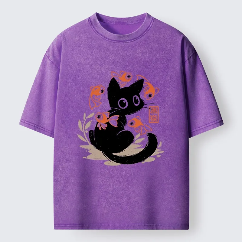 Tokyo-Tiger Curious Black Cat Among Fish Washed T-Shirt