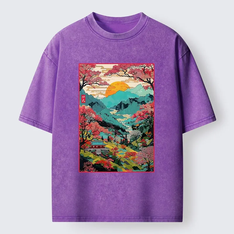 Tokyo-Tiger Golden Sun Over Serene Valley Washed T-Shirt Sale