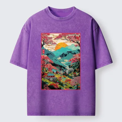 Tokyo-Tiger Golden Sun Over Serene Valley Washed T-Shirt