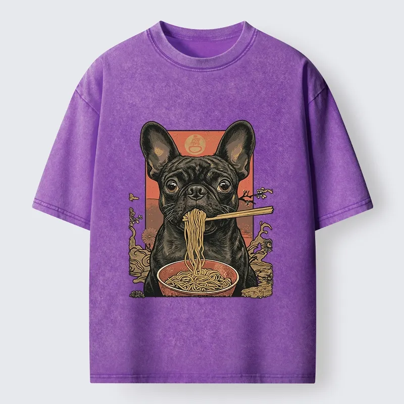 Tokyo-Tiger Vintage Style Dog & Ramen Art Washed T-Shirt